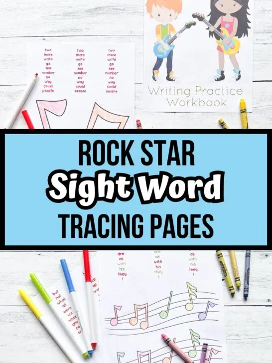 Worksheets with traceable sight word lists and rock star themed pictures printed out and laying next to markers and crayons. Middle has light blue box with 