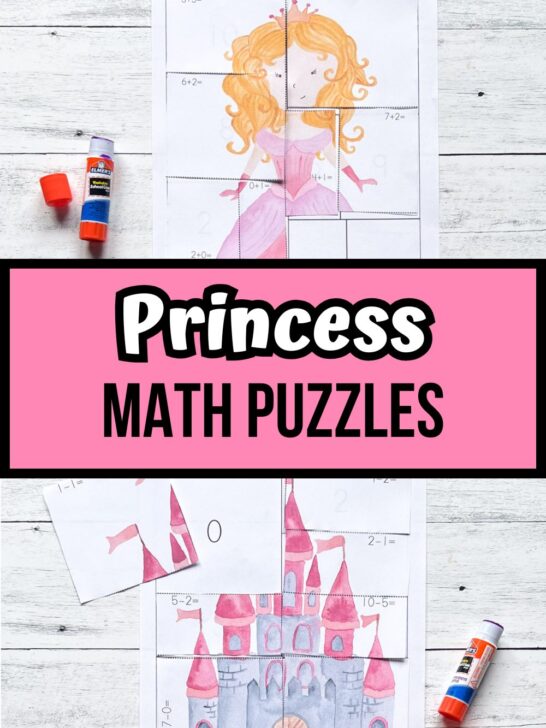 White and black text on pink background across the middle says Princess Math Puzzles. Top shows the princess being put together and the bottom shows most of the castle picture completed.