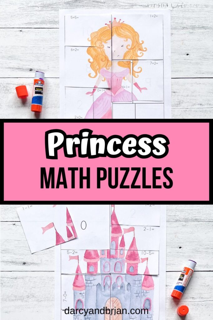 White and black text on pink background across the middle says Princess Math Puzzles. Top shows the princess being put together and the bottom shows most of the castle picture completed.