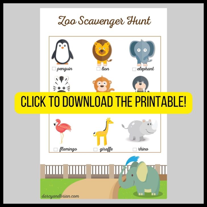 preview of page with nine animals commonly found at the zoo with a banner that says to click to download the printable.