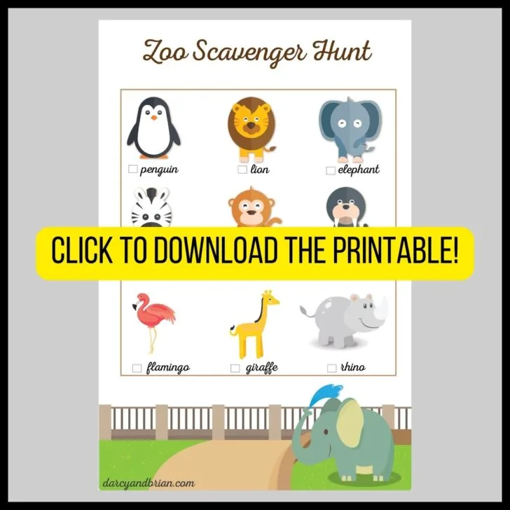 preview of page with nine animals commonly found at the zoo with a banner that says to click to download the printable.