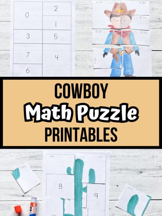 Top image shows cowboy puzzle cut apart next to answer sheet. Bottom image shows cactus puzzle in progress. Text in light yellow box across the middle says Cowboy Math Puzzle Printables.