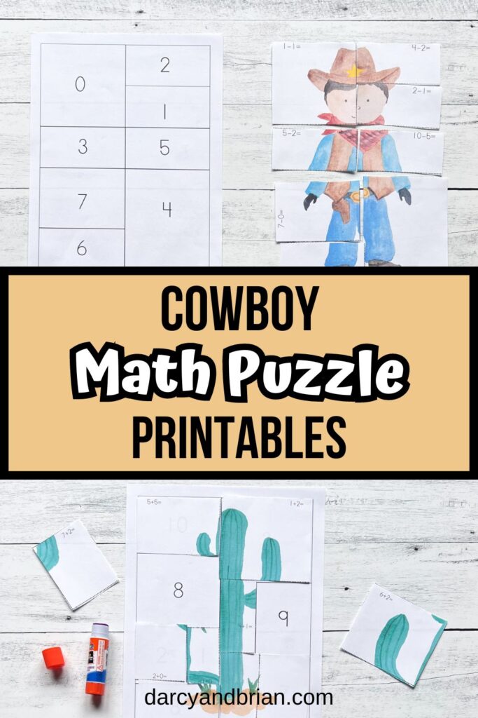 Top image shows cowboy puzzle cut apart next to answer sheet. Bottom image shows cactus puzzle in progress. Text in light yellow box across the middle says Cowboy Math Puzzle Printables.