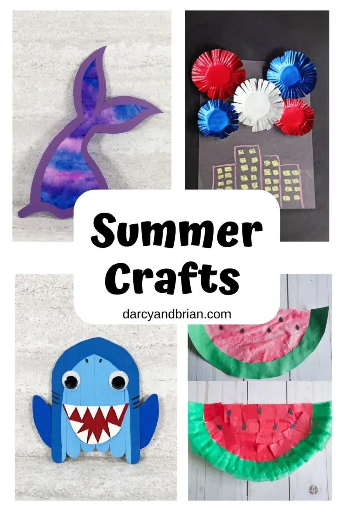 Collage of summer craft ideas for kids to make including a mermaid tail, fireworks, shark, and watermelons.