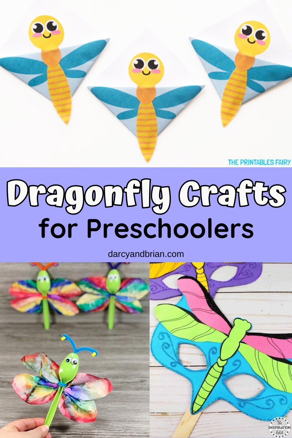 Collage of three different ways to make dragonflies. Featuring coffee filters, paper, and a fun dragonfly mask for kids.