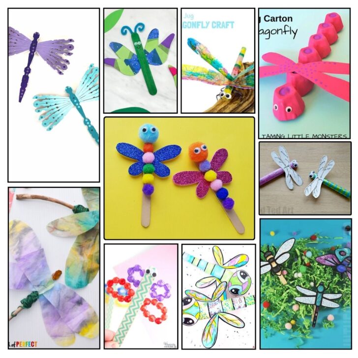Square collage of 10 dragonfly kids' crafts made using a variety of materials.