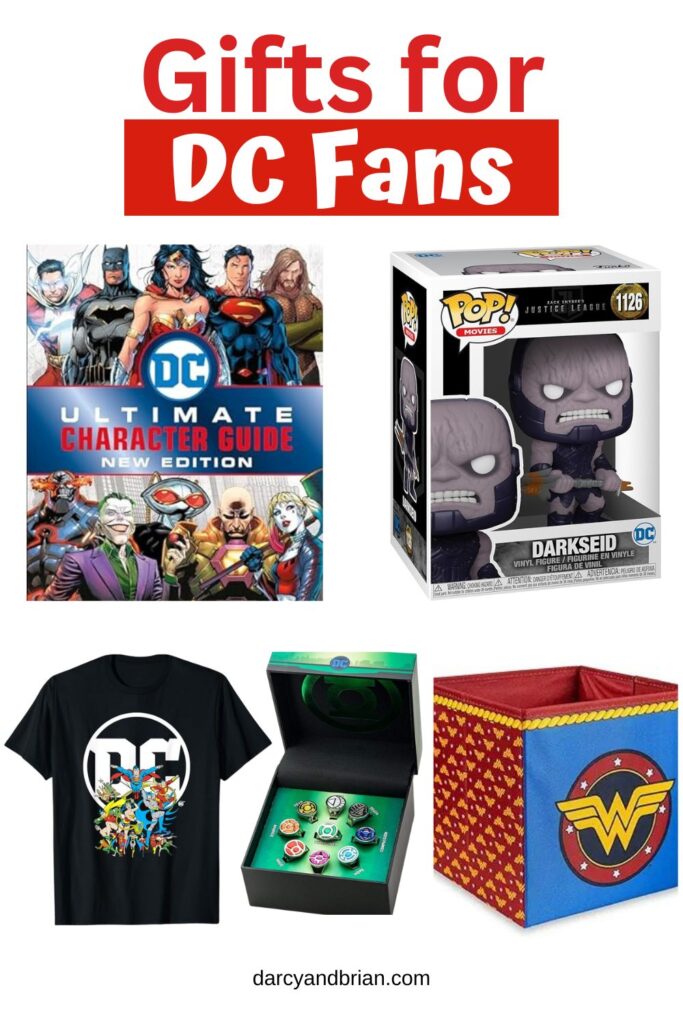 Red text at the top says Gifts for DC Fans above images of a book, Funko Pop, shirt, pins, and a box all featuring different characters from the DC Universe.