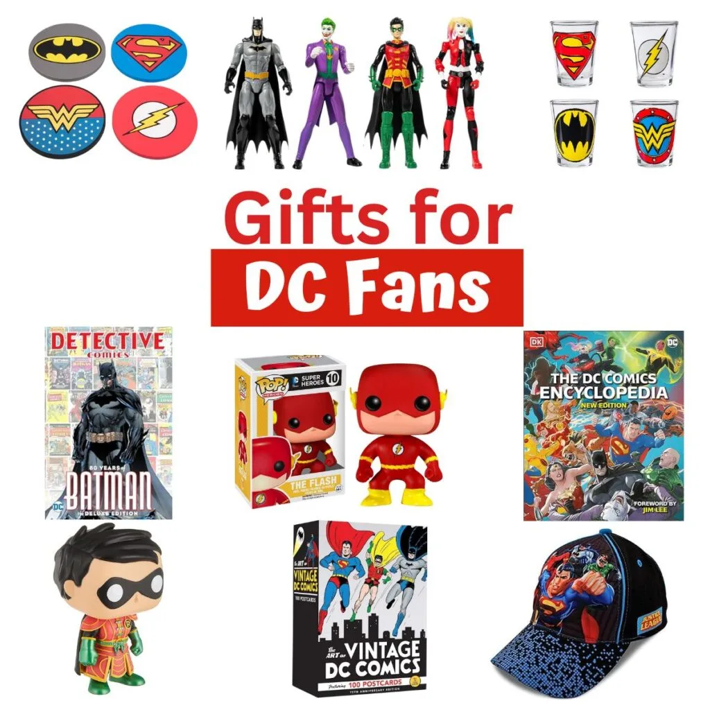 Square collage of different DC Superhero gift ideas, including comics, apparel, and toys.