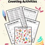 Preview of five math worksheets with an ice cream theme. The background is a light yellow with images of ice cream cones.