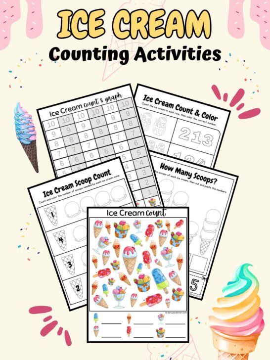 Preview of five math worksheets with an ice cream theme. The background is a light yellow with images of ice cream cones.