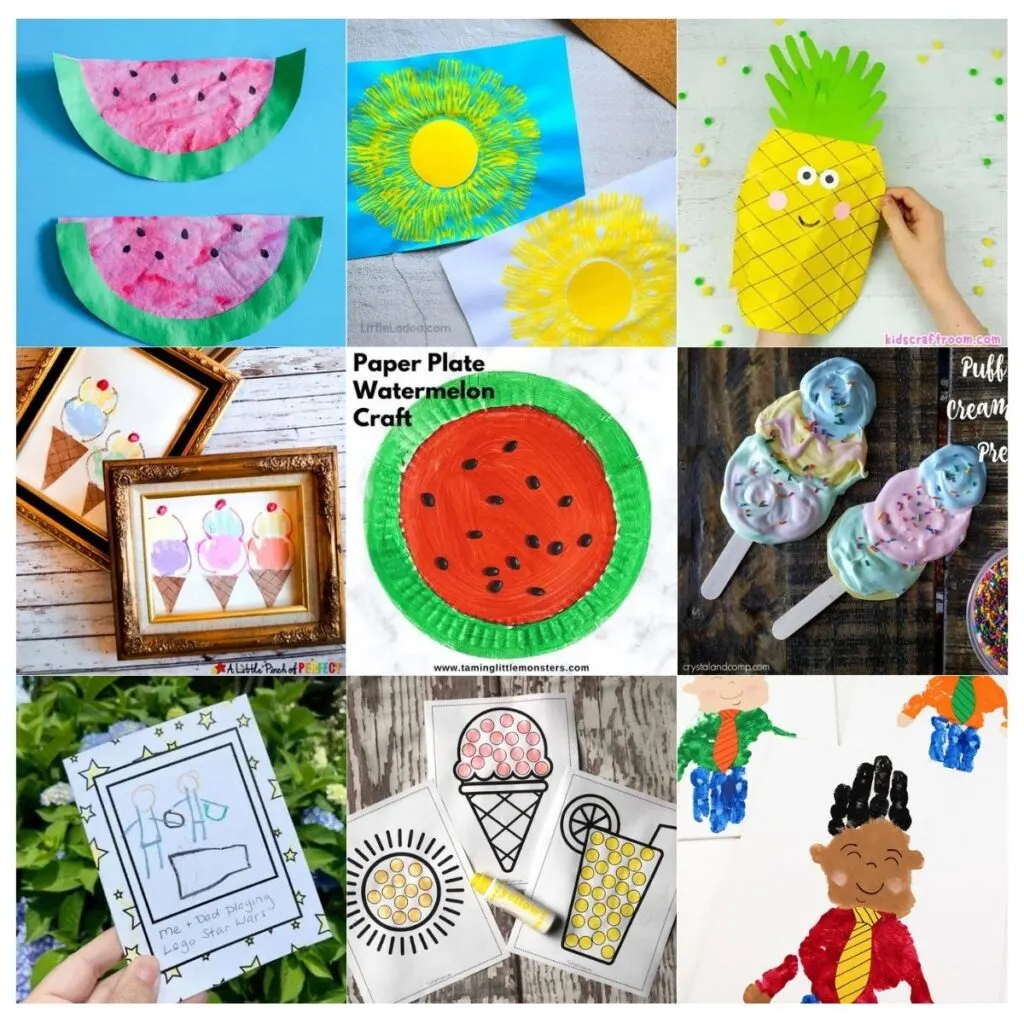 Nine pictures of different crafts perfect for June lessons in a square collage. Includes Father's Day ideas, ice cream, summer fruits, and the sun.