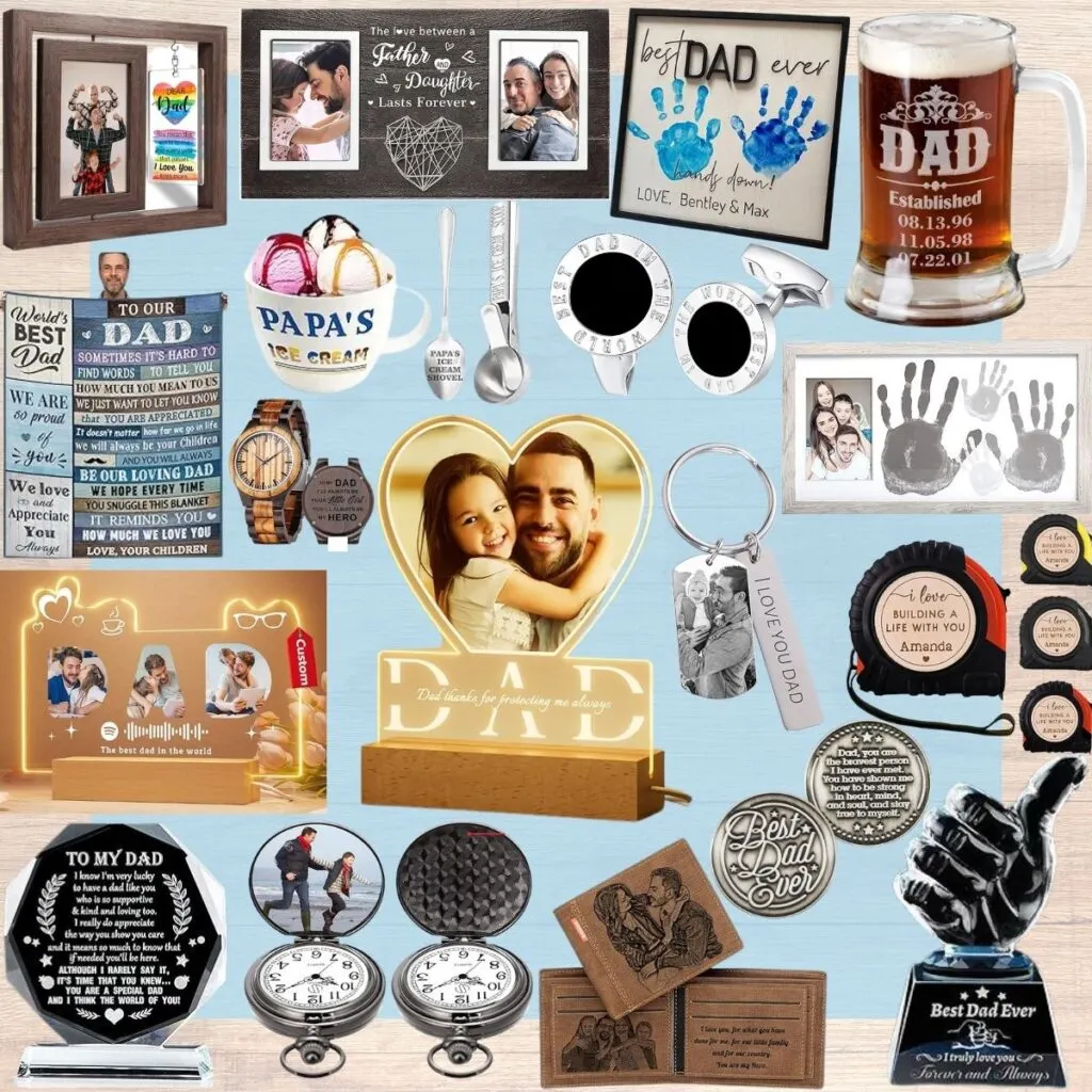 Collage image of various sentimental gift ideas for dads.