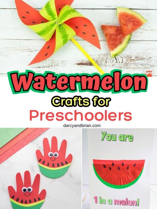 Image collage showing cute watermelon craft ideas such as a pinwheel, handprint craft, and cupcake liner craft.