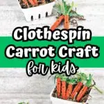 Cute carrots made out of painted clothespins laying in a white veggie box filled with brown crinkle paper shreds.