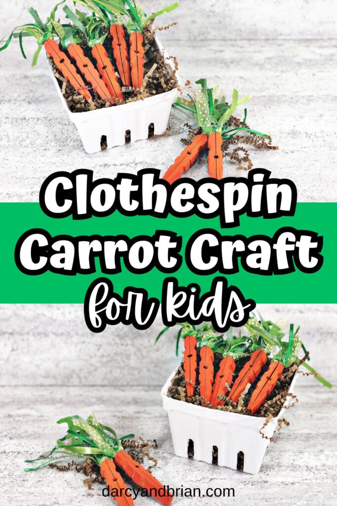 Cute carrots made out of painted clothespins laying in a white veggie box filled with brown crinkle paper shreds.