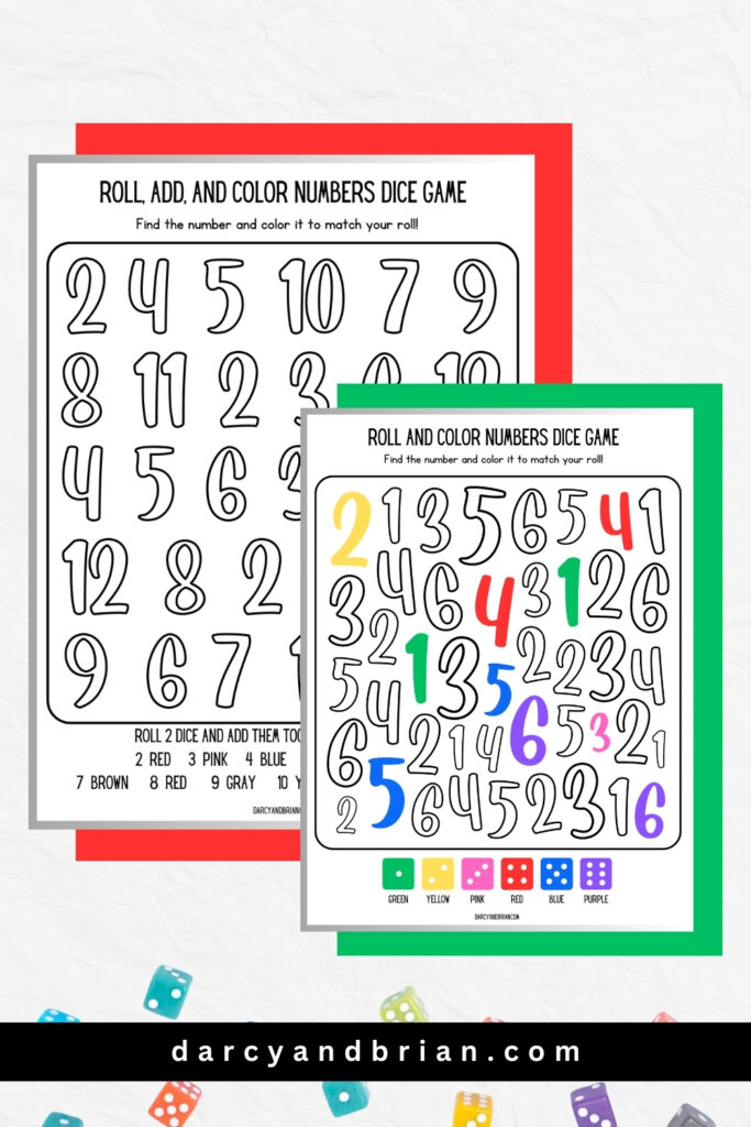 Mockup with roll, add, and color the numbers page and the single roll page with several numbers filled in.