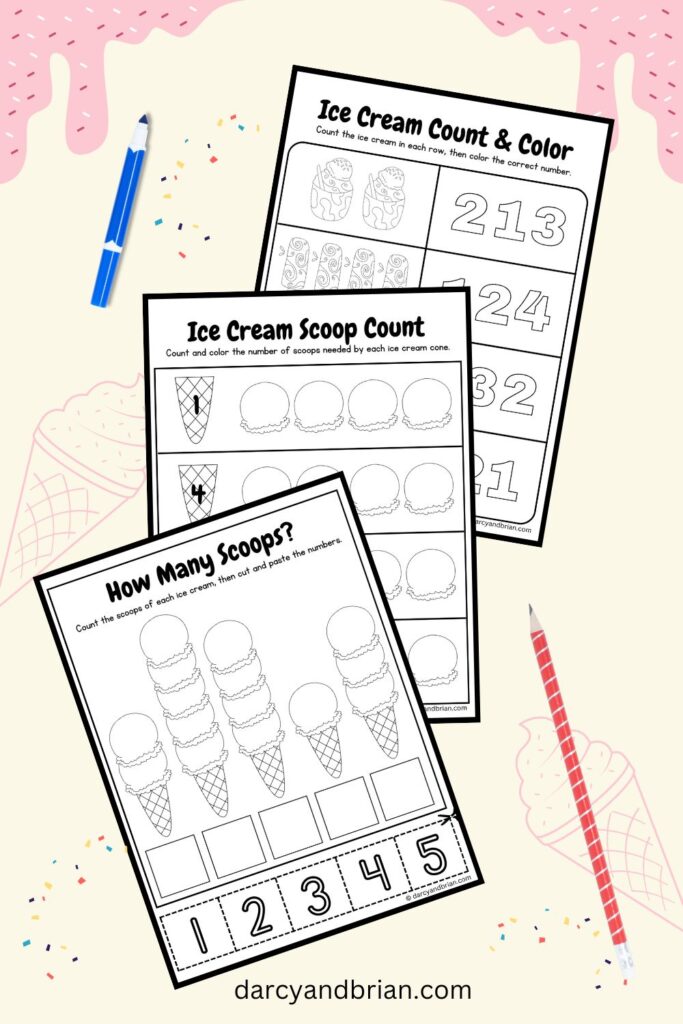 Three math worksheets for counting ice cream scoops on an ice cream themed background.