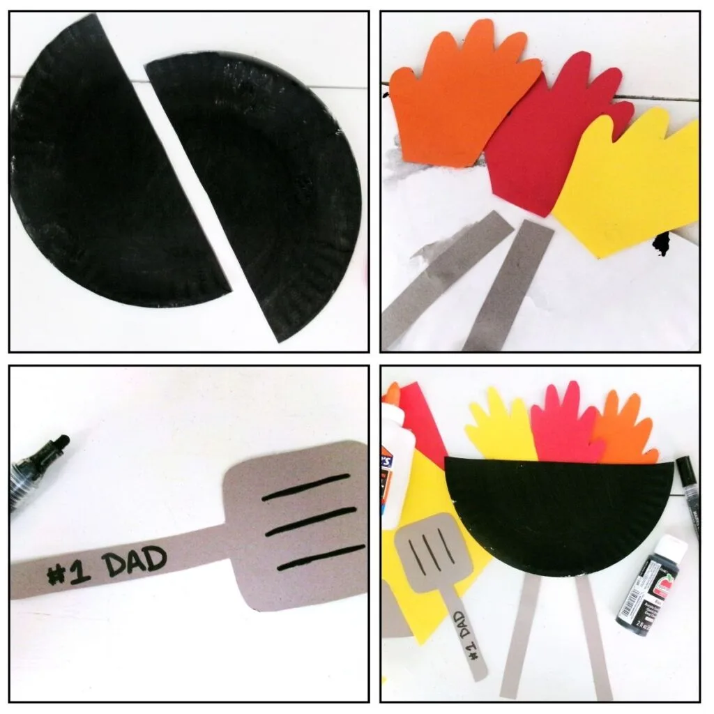 Collage showing different process steps. Black painted plate cut in half, handprint flames and grill legs glued to back of plate, adding detail to burger spatula, and finished project.