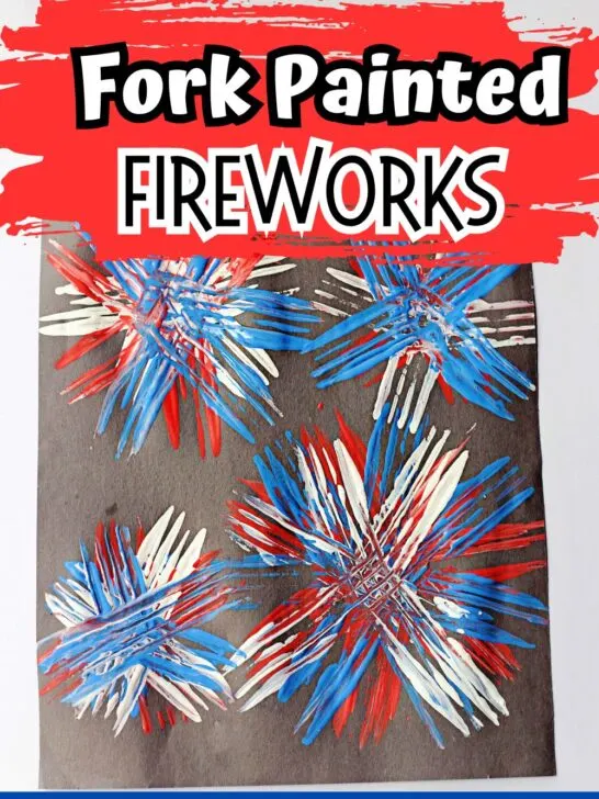 Completed painting of fireworks using a fork on construction paper.