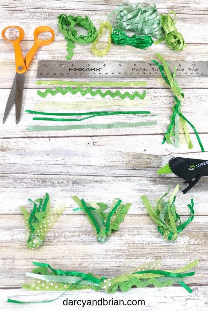 Upper photo shows several types of green ribbons being measured with a ruler. Bottom photo shows how to bundle and tie the ribbons to look like leafy carrot tops.