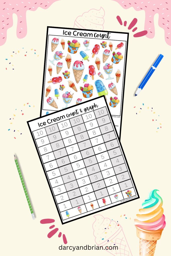 Mockup with ice cream count and graph worksheet and an ispy type page for counting the treats.