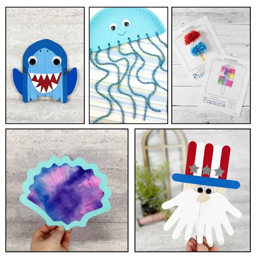 Shark, jellyfish, popsicle, seashell, and Uncle Sam crafts for kids in a collage image.