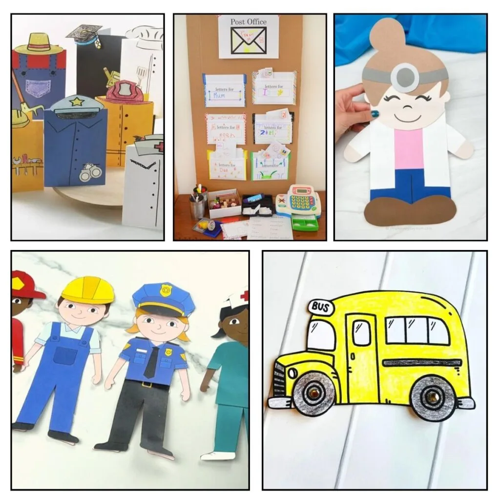 Five neighborhood career crafts featuring a school bus, post office pretend play, and assorted community people in uniforms.
