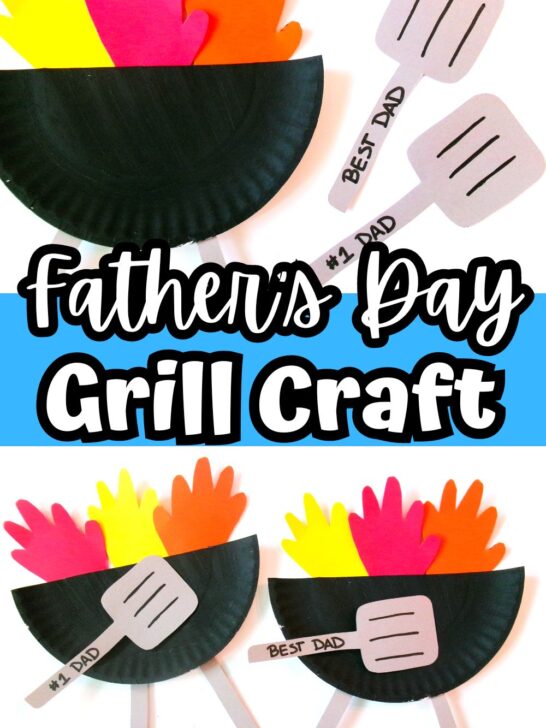 Top is a close up of a grill made out of a paper plate and construction paper. Bottom shows two completed grill crafts with flippers that say Dad on them. Middle has white text on blue background that says Father's Day Grill Craft.