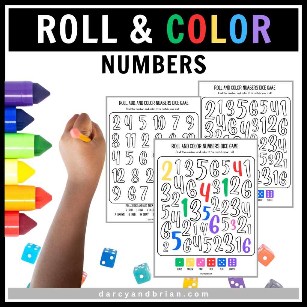Mockup of the dice activity pages overlapping and several numerals in color. A child's hand holding a pencil, markers, and colored dice along the edges.