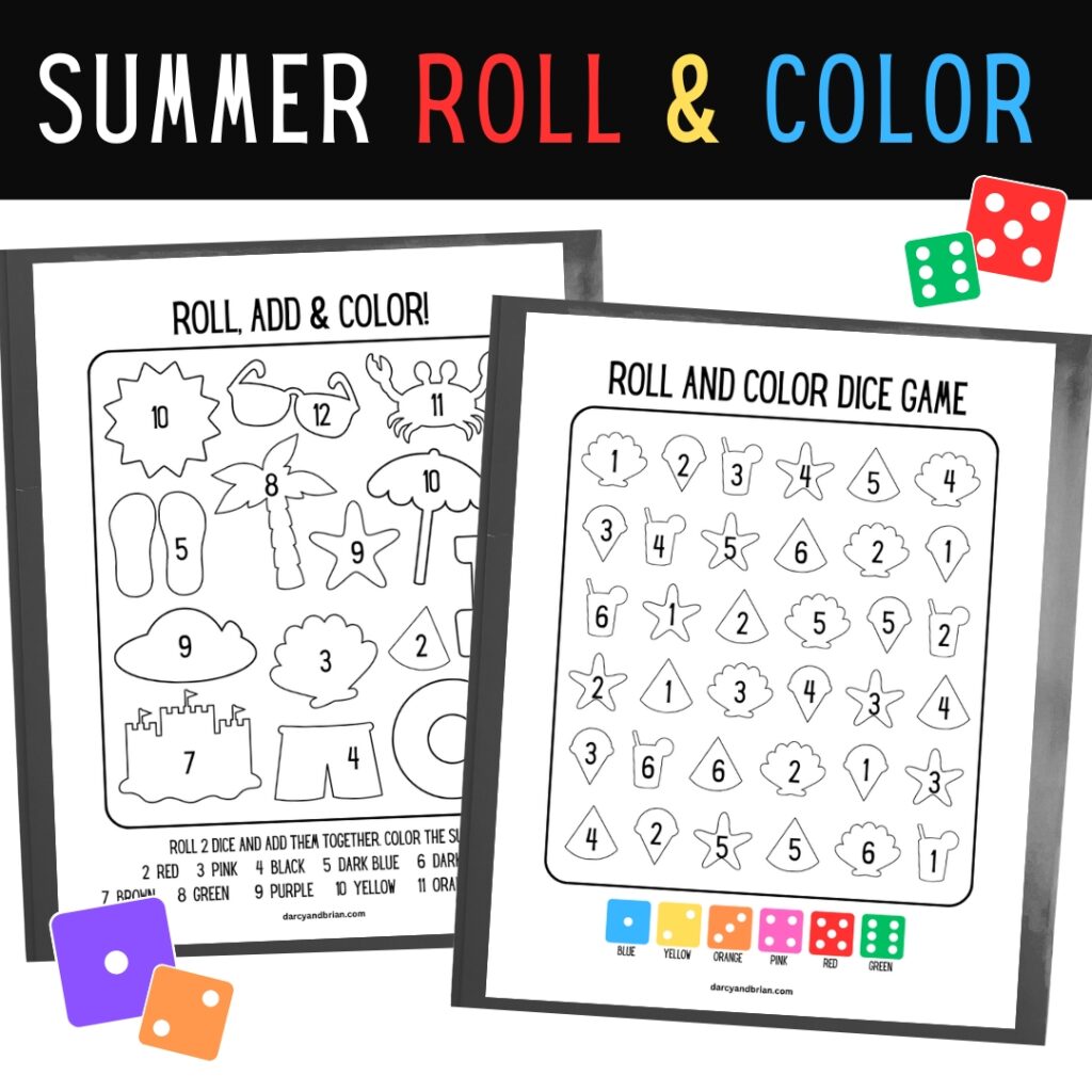 Text along the top says Summer Roll & Color. Both pages have a thin gray border and slightly overlap each other. Colorful dice icons decorate the corners.
