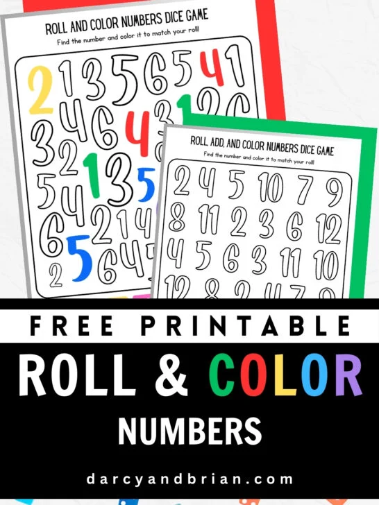 Preview of two pages of roll and color numbers game. One has a few colored numbers on it.