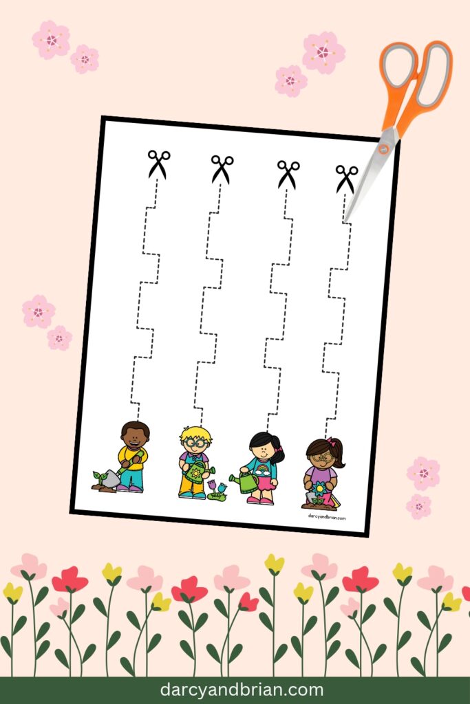 Single page with dashed cut lines leading to colorful images of kids watering flowers.