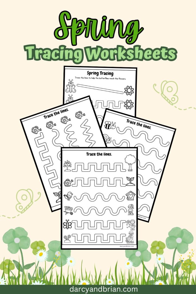 Preview of four pages with different paths for drawing lines between spring clipart. The pages overlap each other and are on a light orange background with green flowers.