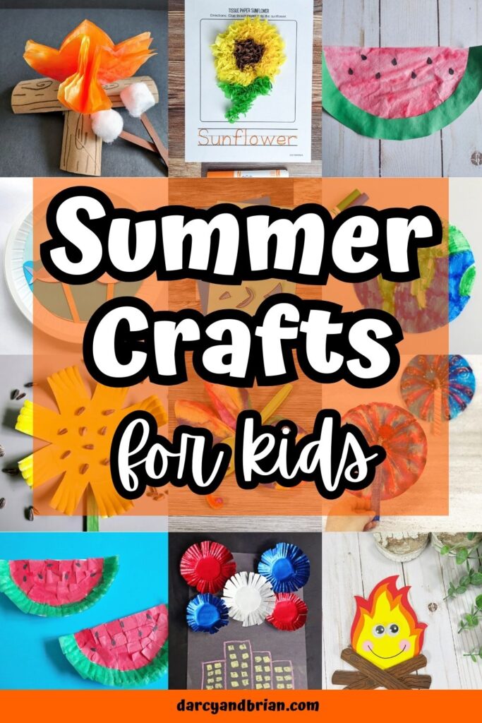 Twelve different crafts in a collage of summer-themed projects. Features campfires, watermelons, sunflowers, fireworks, and more.
