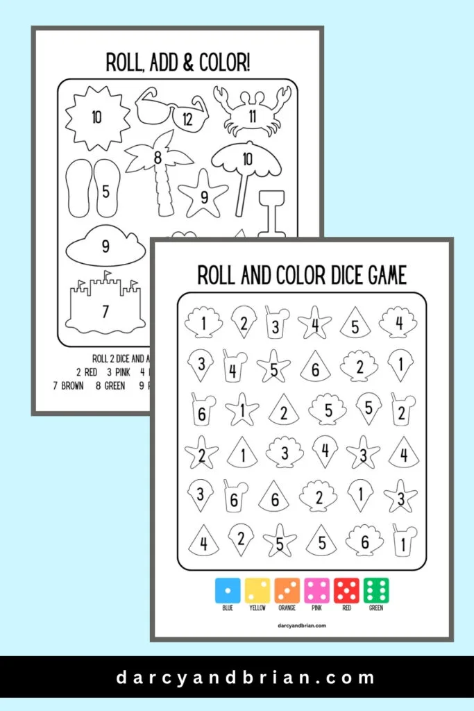 Two pages of printable dice game for kids overlapping on a blue background. 