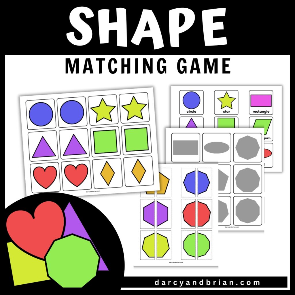 Digital mockup of printable game for young children. Colorful shapes, shadow versions, shape names and symmetry cards.