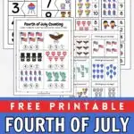 Mockup showing all the colorful patriotic themed math printables for preschoolers.
