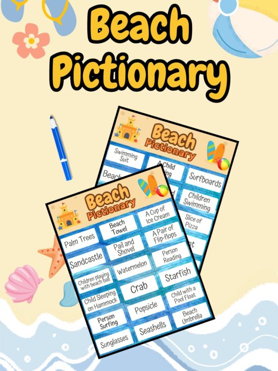 Preview of two pages of printable game cards with beach themed drawing prompts for kids. The background is the beach along the ocean.