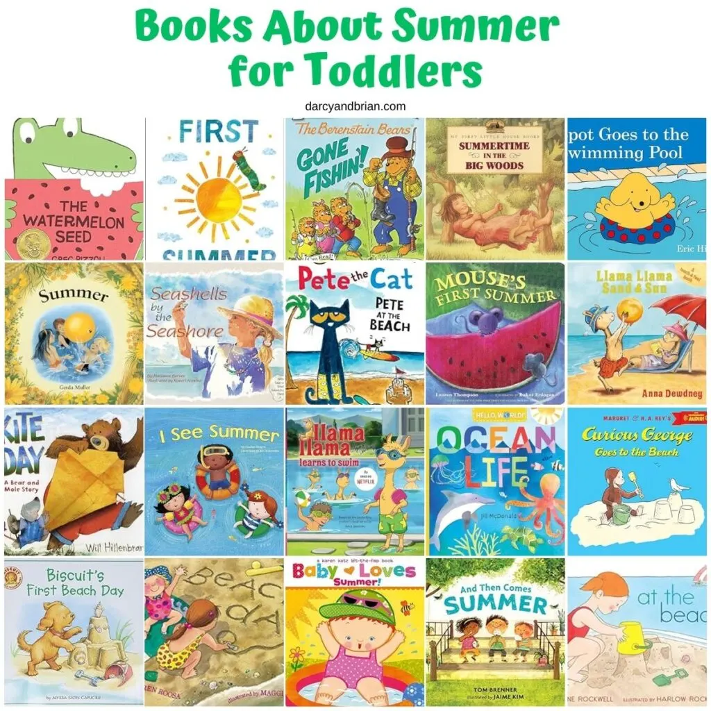 Collage of 20 book covers. Each story fits a summer theme and is engaging for young children.