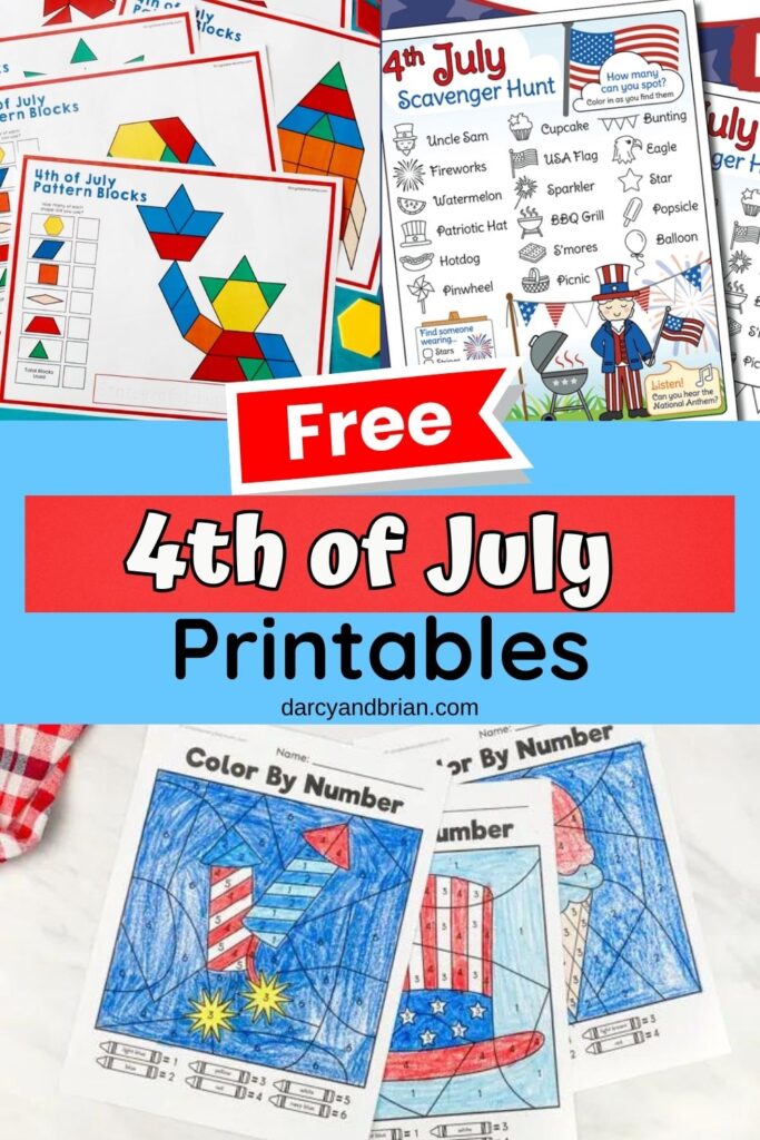 Collage image showing a few different worksheets and activity pages about the Fourth of July.