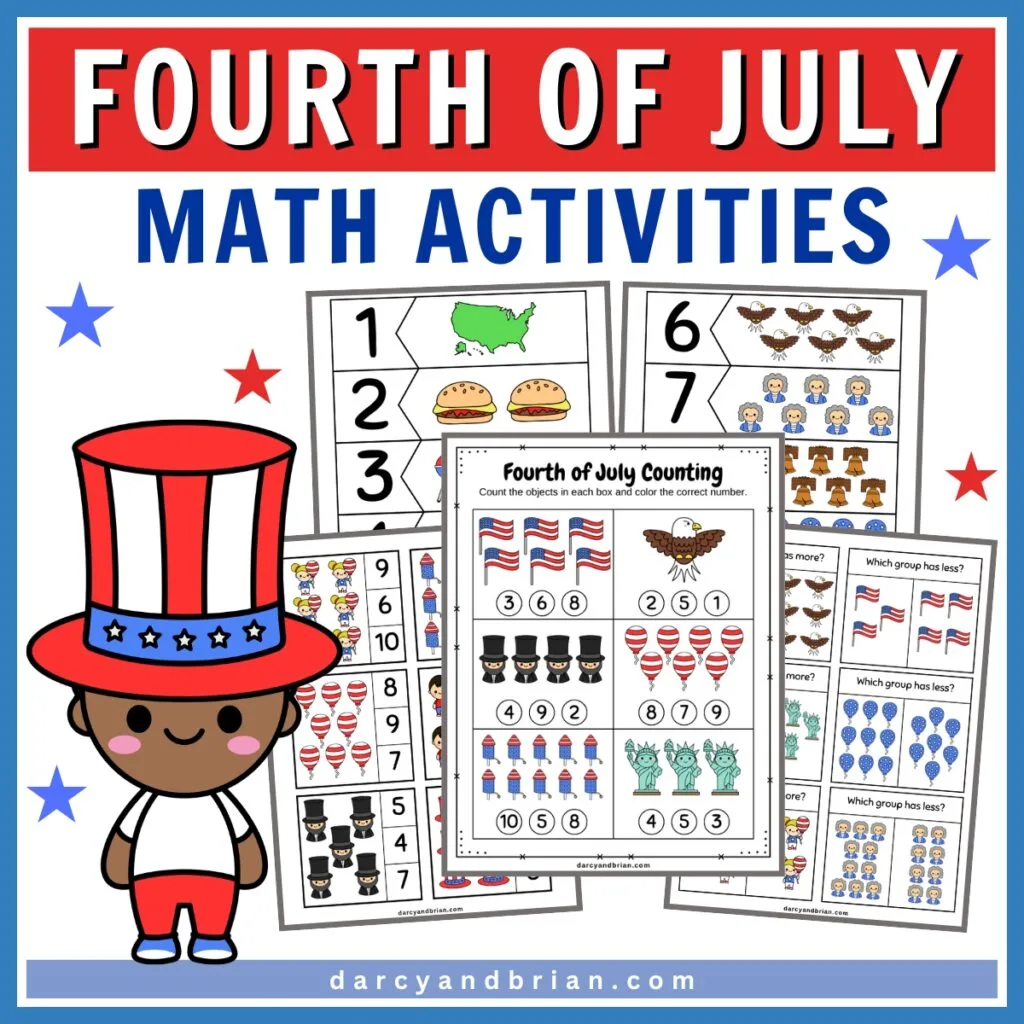 Mockup with preview of Fourth of July images used for number puzzles, counting pages etc for young learners.