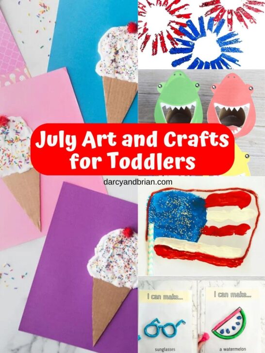 Collage of ice cream, flag, and fireworks crafts as well as playdough and shark color sorting game. All activities for little kids.