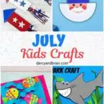 Blue and red text in the middle on white patterned background says July Kids Crafts. Top shows firework rocket and Uncle Sam crafts. Bottom shows a shark craft and a fish in water waves craft.