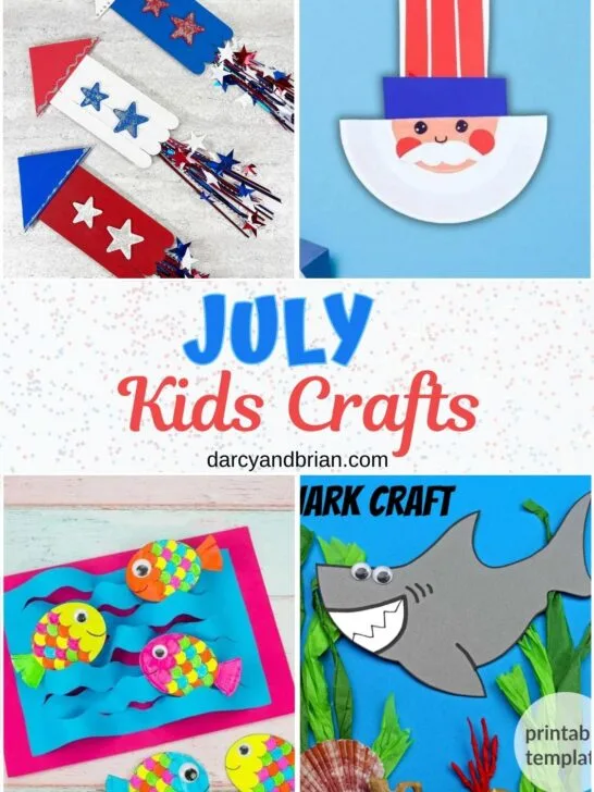 Blue and red text in the middle on white patterned background says July Kids Crafts. Top shows firework rocket and Uncle Sam crafts. Bottom shows a shark craft and a fish in water waves craft.