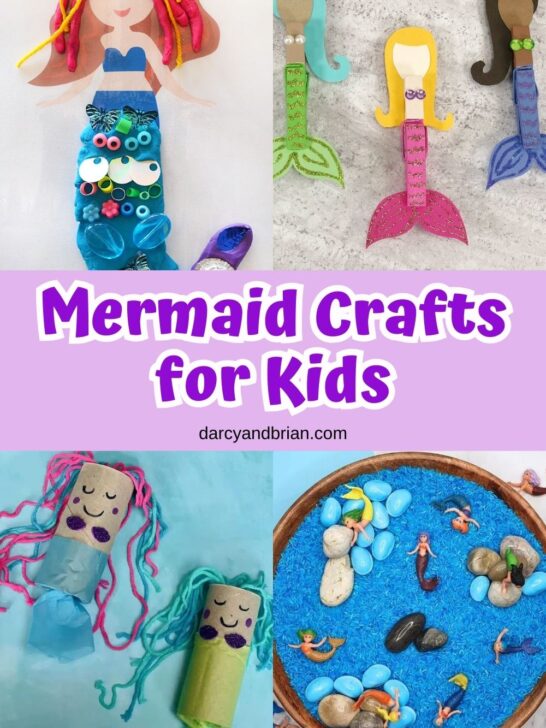 Collage with four different mermaid-themed crafts for kids. Featuring mermaids made out of clothespins and toilet paper tubes, one with a playdough tail, and a mermaid-themed sensory bin.