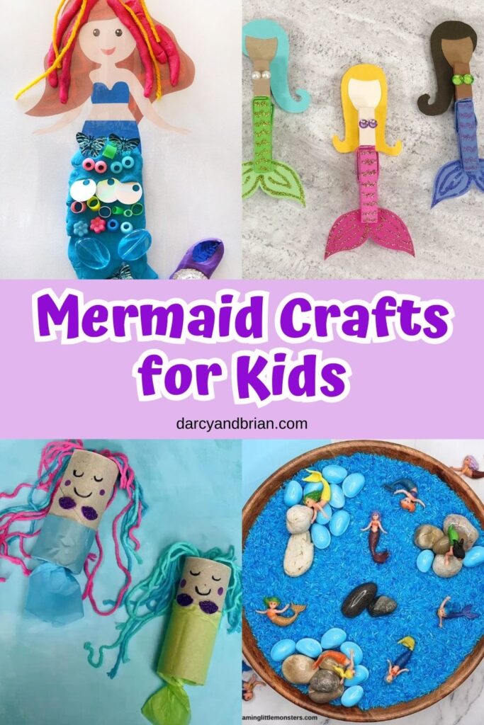 Collage with four different mermaid-themed crafts for kids. Featuring mermaids made out of clothespins and toilet paper tubes, one with a playdough tail, and a mermaid-themed sensory bin.
