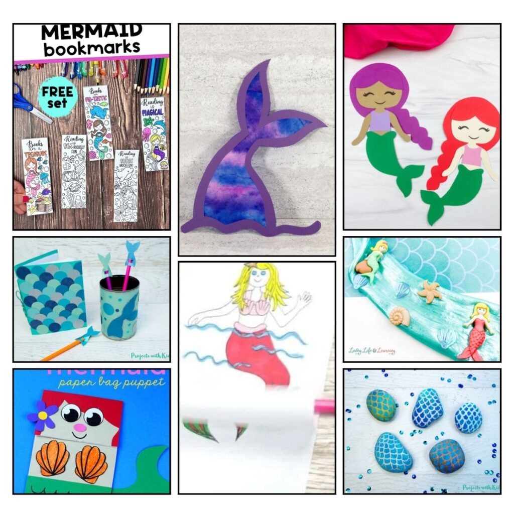 Collage with eight mermaid crafts including paper bookmarks, decorated school supplies, paper bag puppet, painted rocks, suncatcher, slime, and paper crafts.