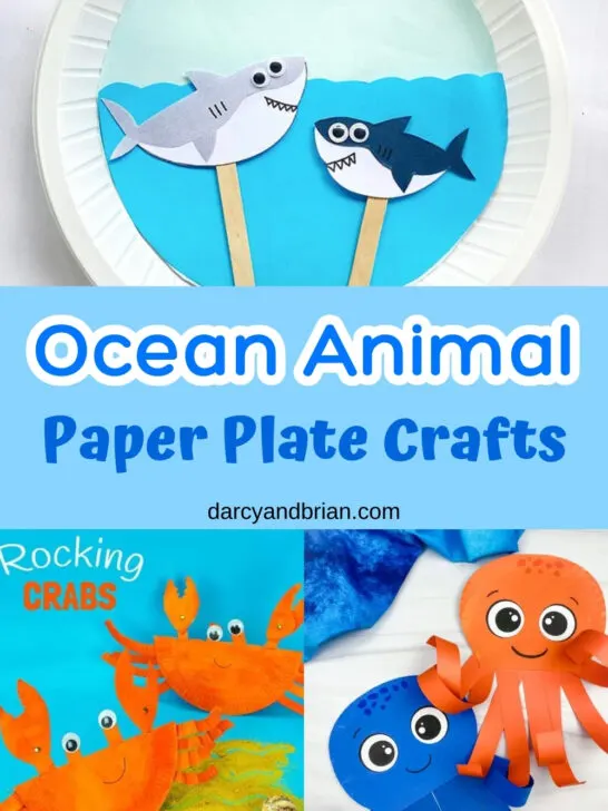 Collage with shark, crab, and octopus crafts made using paper plates.
