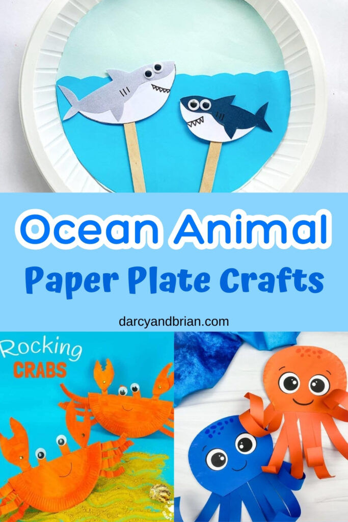 Collage with shark, crab, and octopus crafts made using paper plates.
