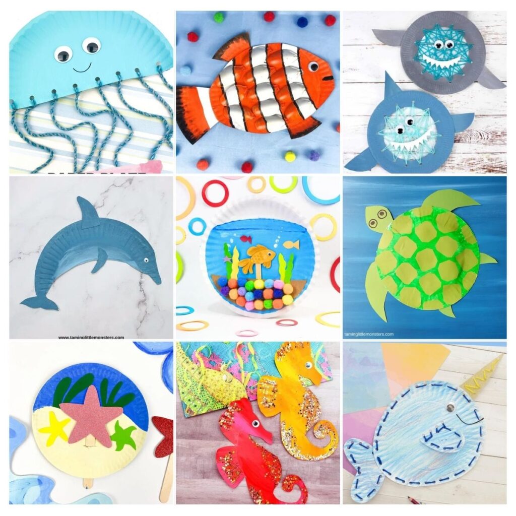 Collage of sea animal craft ideas kids can make using paper plates. Includes jellyfish, clownfish, sharks, narwhal, dolphin, sea turtle, starfish, and seahorse.